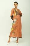 Shop_OFRIDA_Brown Split V-neck Mira Hand Painted Print Kurta _at_Aza_Fashions