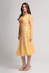 Koswi_Yellow Viscose Sequins, Beads V-neck Floral Print Dress _Online_at_Aza_Fashions