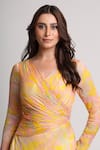 Buy_Koswi_Yellow Viscose Sequins, Beads V-neck Floral Print Dress _Online_at_Aza_Fashions