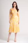 Shop_Koswi_Yellow Viscose Sequins, Beads V-neck Floral Print Dress _Online_at_Aza_Fashions