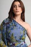 Koswi_Blue Viscose Sequins, Beads One Shoulder Floral Print Dress _Online_at_Aza_Fashions
