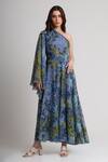 Buy_Koswi_Blue Viscose Sequins, Beads One Shoulder Floral Print Dress _at_Aza_Fashions