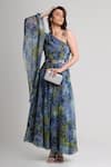 Shop_Koswi_Blue Viscose Sequins, Beads One Shoulder Floral Print Dress _Online_at_Aza_Fashions