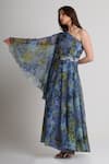 Koswi_Blue Viscose Sequins, Beads One Shoulder Floral Print Dress _at_Aza_Fashions