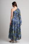 Shop_Koswi_Blue Viscose Sequins, Beads One Shoulder Floral Print Dress _at_Aza_Fashions