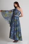 Buy_Koswi_Blue Viscose Sequins, Beads One Shoulder Floral Print Dress With Belt _Online_at_Aza_Fashions