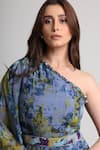 Shop_Koswi_Blue Viscose Sequins, Beads One Shoulder Floral Print Dress With Belt _Online_at_Aza_Fashions