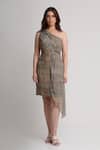 Koswi_Gray Viscose Embroidery One Shoulder Printed Dress _Online_at_Aza_Fashions