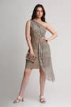 Buy_Koswi_Gray Viscose Embroidery One Shoulder Printed Dress _at_Aza_Fashions