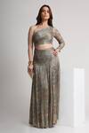 Buy_Koswi_Gray Viscose Sequins, Beads One Shoulder Abstract Print Ruched Dress _at_Aza_Fashions