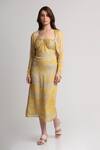 Buy_Koswi_Yellow Viscose Sequins, Beads Sweetheart Neck, Forest Print Dress With Belt 