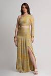Buy_Koswi_Yellow Viscose Sequins, Beads One Shoulder Forest Print Dress _at_Aza_Fashions