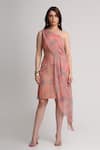Koswi_Peach Viscose Sequins, Beads One Shoulder Floral Print Dress _Online_at_Aza_Fashions