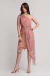 Buy_Koswi_Peach Viscose Sequins, Beads One Shoulder Floral Print Dress _at_Aza_Fashions