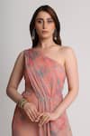 Shop_Koswi_Peach Viscose Sequins, Beads One Shoulder Floral Print Dress _Online_at_Aza_Fashions