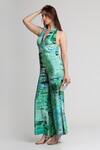 Koswi_Green Viscose Sequins, Beads Halter Neck Geometric Print Jumpsuit _Online_at_Aza_Fashions