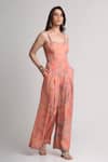 Shop_Koswi_Peach Viscose Sequins, Beads, Embroidery Square Neck Abstract Print Jumpsuit _Online_at_Aza_Fashions