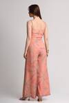 Shop_Koswi_Peach Viscose Sequins, Beads, Embroidery Square Neck Abstract Print Jumpsuit _at_Aza_Fashions