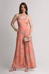 Buy_Koswi_Peach Viscose Sequins, Beads, Embroidery Square Neck Abstract Print Jumpsuit _at_Aza_Fashions