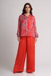 Buy_Koswi_Red Viscose Sequins, Beads Collared Floral Print Shirt With Pant _Online_at_Aza_Fashions