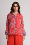 Koswi_Red Viscose Sequins, Beads Collared Floral Print Shirt With Pant _at_Aza_Fashions