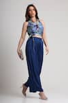 Koswi_Blue Viscose Sequins, Beads, Embroidery V-neck Floral Print Top With Pant _Online_at_Aza_Fashions