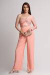Buy_Koswi_Peach Viscose Sequins, Beads, Embroidery One Shoulder Embellished Top With Pant _at_Aza_Fashions