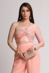 Koswi_Peach Viscose Sequins, Beads, Embroidery One Shoulder Embellished Top With Pant _at_Aza_Fashions
