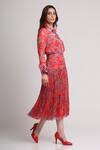 Koswi_Red Viscose Sequins, Beads Collared Floral Print Shirt With Skirt _Online_at_Aza_Fashions