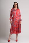 Shop_Koswi_Red Viscose Sequins, Beads Collared Floral Print Shirt With Skirt _Online_at_Aza_Fashions