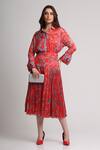 Buy_Koswi_Red Viscose Sequins, Beads Collared Floral Print Shirt With Skirt _at_Aza_Fashions