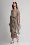 Koswi_Beige Viscose Sequins, Beads, Embroidery Boat Abstract Print Kaftan With Skirt _Online_at_Aza_Fashions