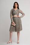 Buy_Koswi_Gray Viscose Beads, Sequins, Embroidery V-neck Abstract Print Top With Skirt _at_Aza_Fashions