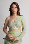 Shop_Koswi_Green Viscose Sequins, Beads One Shoulder Floral Print Top With Skirt _Online_at_Aza_Fashions