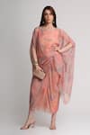 Buy_Koswi_Peach Viscose Beads, Sequins Boat Neck Abstract Print Kaftan And Skirt Set _Online_at_Aza_Fashions