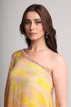 Koswi_Yellow Viscose Sequins, Beads One Shoulder Floral Print Kurta With Trouser _at_Aza_Fashions