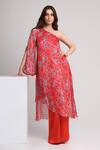 Buy_Koswi_Red Viscose Sequins, Beads One Shoulder Floral Print Kurta With Trouser _at_Aza_Fashions