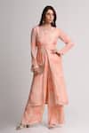 Buy_Koswi_Peach Viscose Sequins, Beads V-neck Floral Print Kurta With Trouser _at_Aza_Fashions