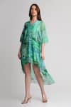 Koswi_Green Viscose Sequins, Beads V-neck Geometric Print Kaftan _Online_at_Aza_Fashions