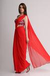 Koswi_Red Viscose Sequins, Beads Pre-draped Saree With Astract Pattern Blouse _Online_at_Aza_Fashions