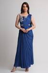Buy_Koswi_Blue Viscose Sequins, Beads Pre-draped Saree And Abstract Pattern Blouse Set _at_Aza_Fashions