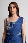 Buy_Koswi_Blue Viscose Sequins, Beads Pre-draped Saree And Abstract Pattern Blouse Set _Online_at_Aza_Fashions