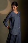 Charkhee_Navy Chanderi, Voile Embroidery Round Neck Cresent Moon Kurta With Skirt _at_Aza_Fashions