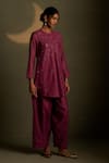 Buy_Charkhee_Burgundy Chanderi, Voile Embroidery Round Neck Moon Pattern Kurta With Pant _at_Aza_Fashions