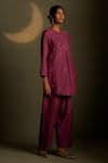 Charkhee_Burgundy Chanderi, Voile Embroidery Round Neck Moon Pattern Kurta With Pant _at_Aza_Fashions