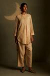 Charkhee_Beige Chanderi, Voile Embroidery, Sequins Round Moon Pattern Kurta With Pant _at_Aza_Fashions