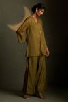 Shop_Charkhee_Olive Green Chanderi, Voile Embroidery V-neck Cresent Moon Shirt With Pant _Online_at_Aza_Fashions