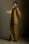 Charkhee_Olive Green Chanderi, Voile Embroidery V-neck Cresent Moon Shirt With Pant _at_Aza_Fashions