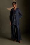 Buy_Charkhee_Blue Chanderi, Voile Embroidery V-neck Cresent Moon Shirt With Pant _at_Aza_Fashions
