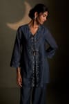 Buy_Charkhee_Blue Chanderi, Voile Embroidery V-neck Cresent Moon Shirt With Pant _Online_at_Aza_Fashions